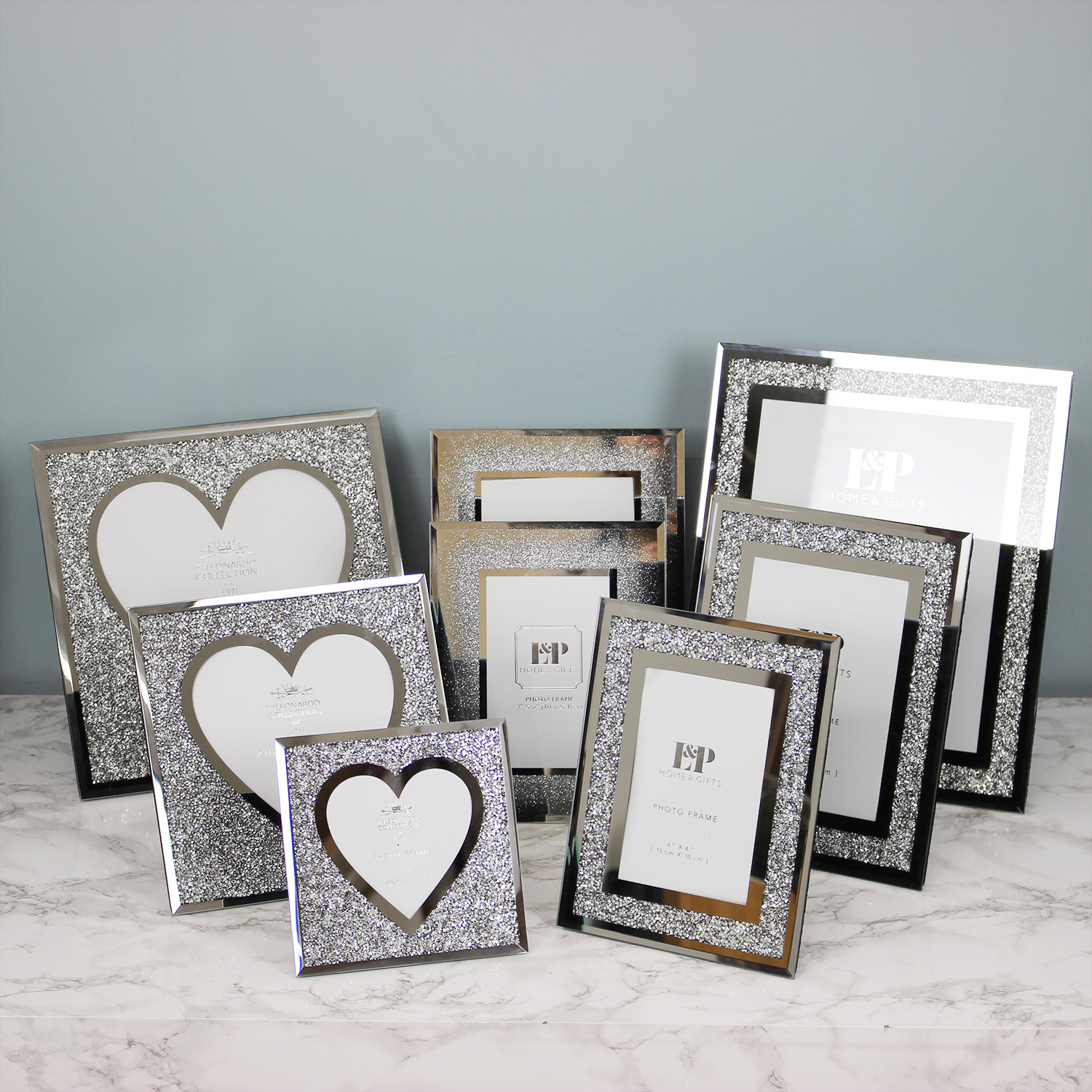 Crushed Diamond Mirrored Picture Frames Silver Heart Shaped Photo Frame